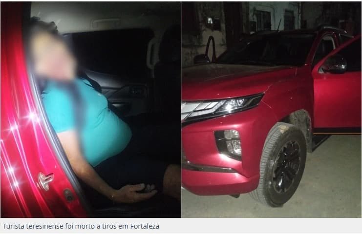 Reprodução de matéria jornalística: turista teresinense morto a tiros em Fortaleza após entrar em área dominada por facção, e a caminhonete atingida pelos disparos