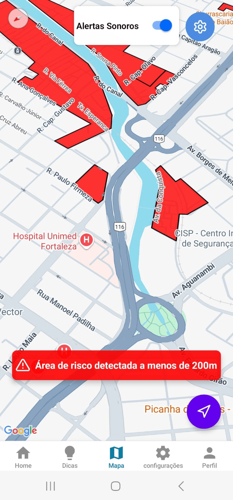 Screenshot do aplicativo Alerta Fortaleza mostrando o mapa de áreas de risco